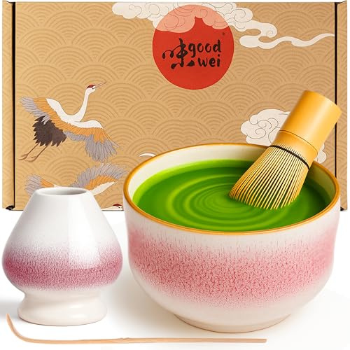Goodwei Matcha Set komplett mit Matchabesen, Matcha Löffel und Matcha Schale aus Keramik mit Besenhalter im passenden Design | Kunstvoll gefertigte Teeschale Chawan (Kiku, 80)