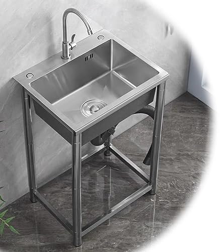 HCZION Einzelbeckenspüle Gewerblich, Edelstahl-Spülbecken, Freistehende Gartenspüle Im Freien Mit Wasserhahn, Mobiles Ausgussbecken Küche Spültisch (Color : Cold, Size : 45x40cm/17.7x15.7in)