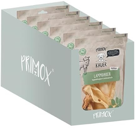 PRIMOX® Lammohren 6 x 100g I Hypoallergener & fettarmer Premium Kauartikel für Hunde I 100% Natürlich I Zahnreinigend I Stärkt die Kaumuskulatur