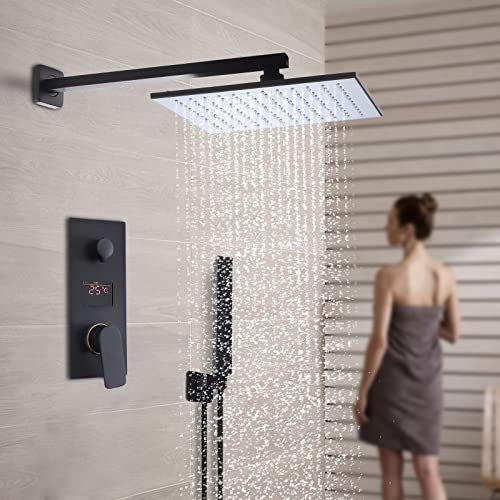Bollomgy Unterputz Duscharmatur Set Schwarz Matt 12 Zoll Regendusche Duschsystem Duschset mit 2 Strahlarten Handbrause Kopfbrause Badbrauseset, 30 x 30 cm Eckig Regenduschkopf, Handbrause aus Metall