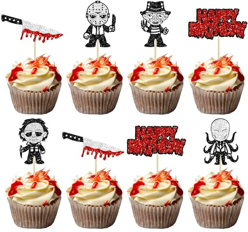 Gyufise 24Pcs Horror Movie Cupcake Toppers Glitter Horror Ghost Cupcake Picks Killer Birthday Cake Decorations for Horror Movie Theme Birthday Halloween Party Cake Decorations Supplies