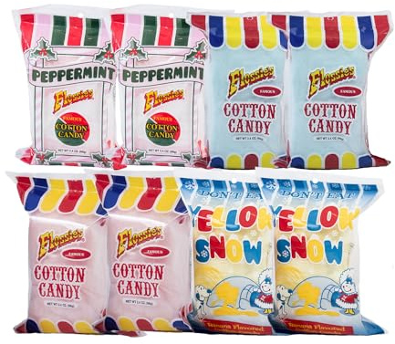 Flossie's Cotton Candy Sampler Combo Pack - Peppermint, Yellow Snow, Blueberry & Strawberry Flavored Party Candies, Light & Fluffy, 2.4 oz (8 Pack)