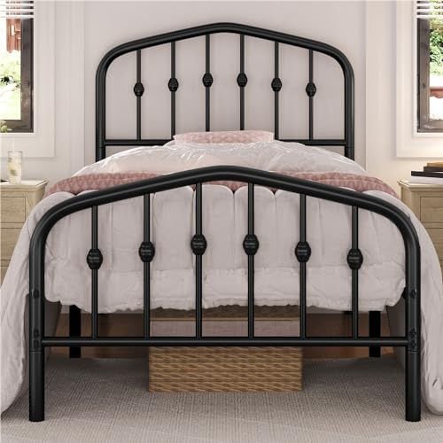 Yaheetech Marco de Cama de Metal Moderno con Cabecero y Piecero Arqueados Espacio de Almacenamiento Espacioso Debajo de la Cama Soporte Robusto Negro/90 x 190 cm