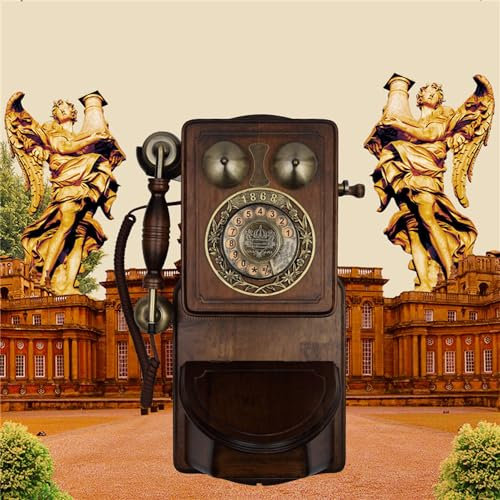 CunTo Telefono Vintage retrò in Legno Telefono Antico fissato al Muro Telefono Fisso Vecchio Stile, Telefono con manopola rotativa in Stile Europeo