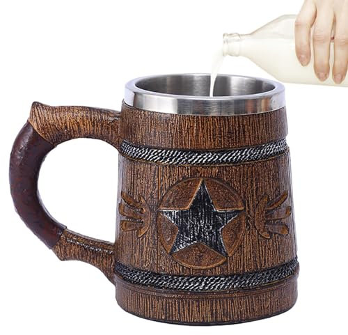 feveo Bierkrug aus Holzfass,Fassförmiger Bierkrug | 600 ml klassischer Edelstahl-Liner im Vintage-Stil, mittelalterlich, handgefertigt, natürlich, umweltfreundlich, Bierkrug aus, Biergeschenk