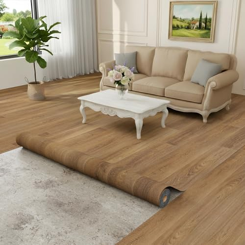 Homease 0.5mm Nature Oak Vinyl Flooring Roll 39.4 x 118 PET Leather-Like Waterproof Wear-Resistant Peel & Stick, Easy DIY Floor Covering for Kitchen Bathroom Rental Home, Durable