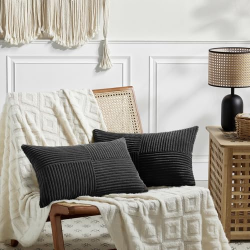 FDTERN 2er Set Schwarz Kordsamt Kissenbezug 30x60CM Weich Moderne Dekorative Kissenbezüge Kissenhülle Dekokissenbezug Sofakissen Dekokissen Boho Deko für Sofa Schlafzimmer Wohnzimmer Balkon