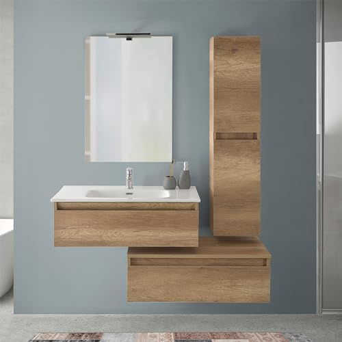 Inbagno Mobile Bagno Sospeso 80 cm Rovere Naturale – Composizione Modulare Con Lavabo In Ceramica, Cassettiera E Pensile Reversibile 125 cm – Linea Nadia