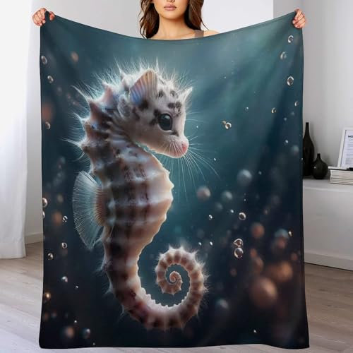 PAZZK Seepferdchen Kuscheldecke Couchdecke Decke Aus Flannel - Tagesdecke Wohndecken Für Sofa, Couch Oder Als Bettüberwurf - Waschbare Decke（180×200cm）