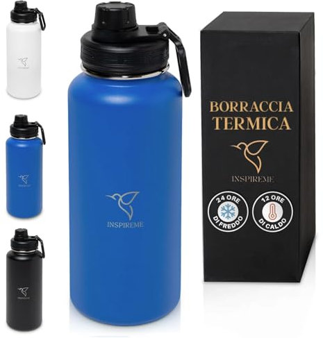 Generico Inspireme Borraccia Termica 1 Litro Acciaio Inox | Bottiglia Termica1 Litro A Prova Di Perdite | Acqua Fredda & Calda | Borraccia Palestra | Nero, Blu O Bianco. (BLU)