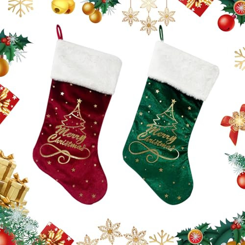 Christmas Stocking Set,Velvet Christmas Stockings,Red Green Velvet Stocking,Embroidered Patterned Large Xmas Stockings,Hanging Stockings Ornamemts for Family Christmas Holiday Party Decorations