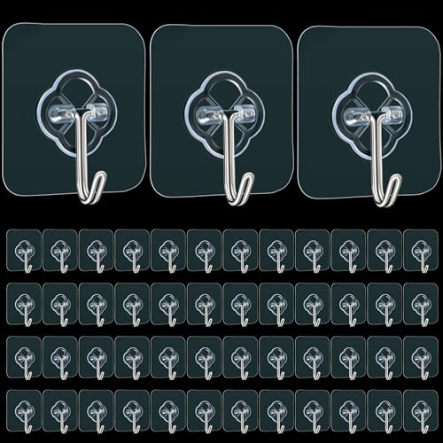 Adhesive Wall Hooks for Hanging, 50 Pack Heavy Duty Stainless Self Sticky Hooks, Waterproof and Rustproof Clear Self Adhesive Utility Hooks for Bathroom Kitchen Office Outdoor Inside Wardrobe Towel