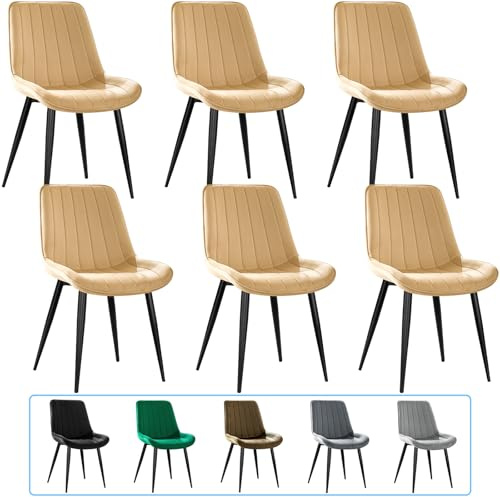 JIJIAN Esszimmerstühle 6er Set, Küchenstühle, Polsterstühle, Wohnzimmerstühle, Design Stuhl mit Rückenlehne, Sitz aus Samt mit schwarzen Metallbeinen, Champagnerfarbe