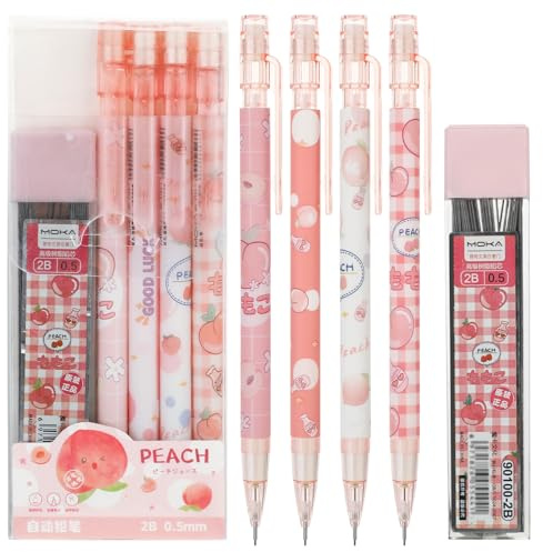 Molain Cute Mechanical Pencil Set, 4PCS Pink Peach Mechanical Pencils 0.5mm with 100PCS HB Pencil Refills School Office Supplies Aesthetic Mechanical Pencils for Girls Writing Drawing Sketching