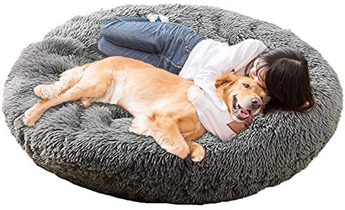Jumbo Orthopädisches, beruhigendes Donut-Bett für große Hunde, Anti-Angst, flauschiges Plüschkissen mit Weidengeflecht, beheizter Höhle und waschbarem Bezug, Größe XL, Dunkelgrau