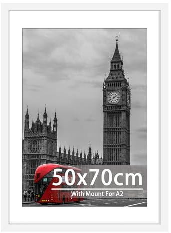 Tinkeps 50x70cm White Frame - Engineered Wood and Plexiglass, Picture Frames 50cm x 70cm with A2 Mount for 50x70cm/A2 Prints, Photos, and Posters, Wall Mountable - Poster Frames 50 x 70cm