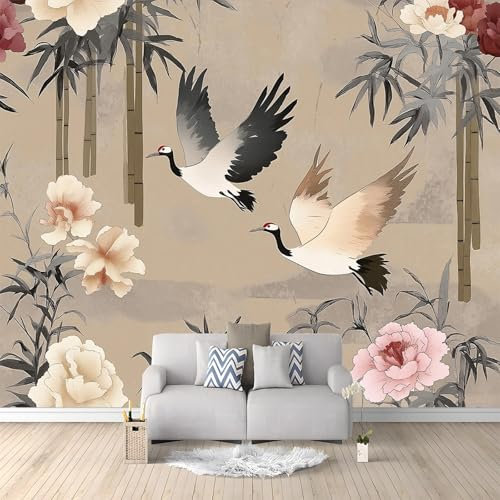Fiori Di Peonia, Bambù Verde, Uccelli Poster Giganti da Parete Colore Del Caffè Fotomurale Carta da Parati Murale alla Moda Decorazione da Muro fotografica Murale per Camera Letto Sala 400x280 cm
