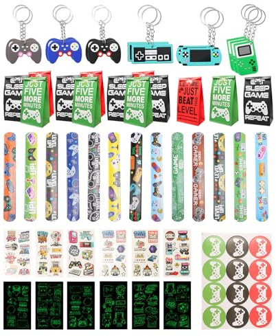 45 PCS Videogiochi Gadget Compleanno Bambini, Regalini Fine Festa Bambini, Portachiavi Gioco Festa, Sacchetti Regalo, Braccialetti,Tatuaggio Luminoso, set Premi Carnevale Loot Bag per Ragazzi Ragazze