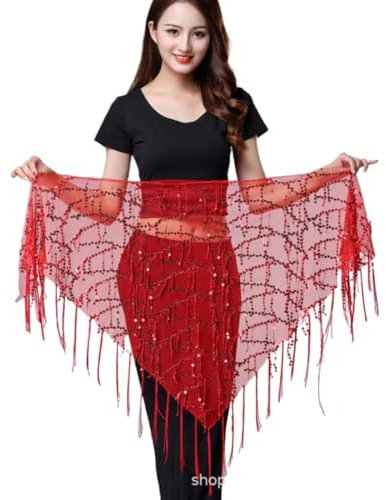 Halloween Bauchtanz Taille Kette Pailletten Fransen Dreieck Schal Tanzaufführung Hüfttuch Anfänger Taille Wrap, Rot/Ausflug, einfarbig (Getaway Solids), One Size Plus Long