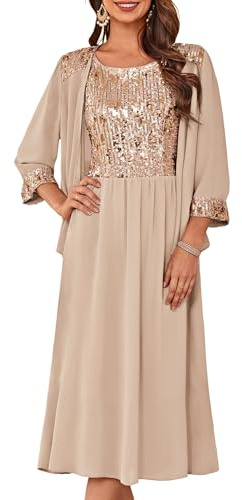 GRACE KARIN Frauen 2-teilige Übergrößes Paillettenkleid Ärmelloses Spaghettiträger Knielang Kleid Einfarbiges Cocktailkleid Champagner XXL