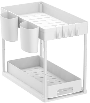 Braozaiw Adjustable Under Sink Organizer with 2-Tier Pull-Out Baskets & Telescoping Rod - Kitchen, Bathroom, Cabinet Storage Shelf (white)