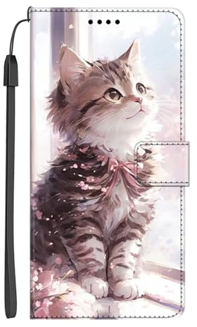 EuoDuo Klapphülle Kompatibel mit Huawei P20 Pro Hülle zum Klappen PU Lederhülle Handyhülle Cover mit Tier Muster Magnet Kartenfach Flip Tasche Schutzhülle - Kirschblüte Katze