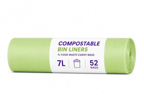 SAI-PAC 7L Compostable Bin Liners, 52 Food Waste Caddy Bags, EN 13432 Certified Compost Bags, Leak-Proof & Tear-Resistant Kitchen Waste Liners for Food Scraps, Household & Compost Use