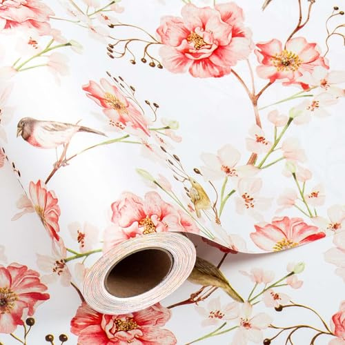 Wikadlik Geschenkpapierrolle mit rosa Blumen, 43 cm x 10 m, Vogel und Blumen, Geschenkpapier für Muttertag, Valentinstag, Hochzeit, Frühling