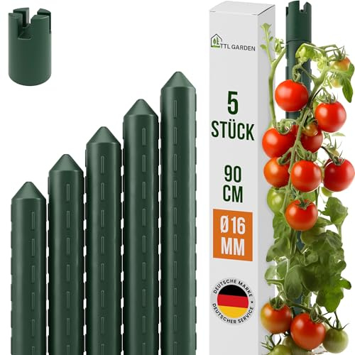 TTL GARDEN Rankstäbe 5er Set 90cm x 16mm Ø grün - extra stabil & rostfrei | 16mm Rankhilfe Pflanzstäbe Stahl kunststoffbeschichtet Pflanzenstütze Blumenstütze für Tomaten Paprika Gurken Bohnen & Blumen