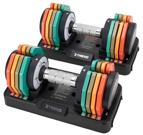 TREXO MULTICOLOR Juego de mancuernas ajustables de 2 x 10 kg de acero con mango antideslizante, ideal para el entrenamiento de fuerza en casa y en el gimnasio, mancuernas ajustables con base estable