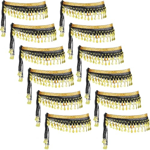 Zhanmai 12 Pcs Belly Dance Hip Scarf Belt with 98 Coins Belly Dancing Skirt Chiffon 12 Colors Dancer Hip Scarves(Black)