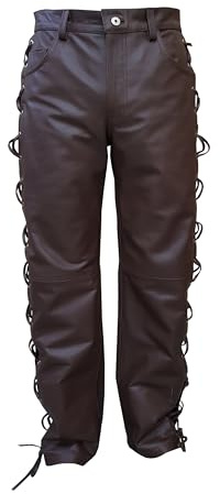 Mens Brown Cow Leather Biker Side Laced Trousers Pants (UK, Waist & Inseam, 30, 29, Brown)
