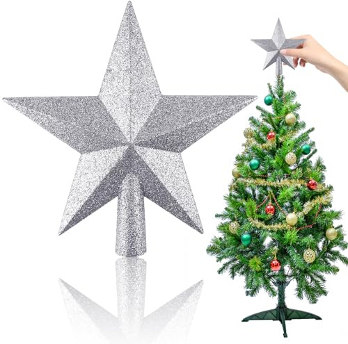 Mini Estrella Plateada Brillante para la Punta del árbol de Navidad PLULON 11cm. Adorno pequeño para la Punta del árbol de Navidad, irrompible, para el hogar, Bar, Tienda, Oficina, Fiestas navideñas