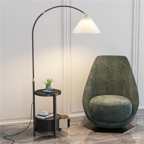 Lámpara de pie arqueada con Estante y cajón, Minimalista, con Pantalla Plisada y 3 temperaturas de Color para Sala de Estar, Dormitorio, Moderna y Lujosa lámpara de pie de Esquina, Color Negro.