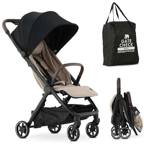Deryan Air Resesulky Barnvagn för flygplan-handbagage - Ultralätt kompakt sulky upp till 22 kg (0-4 år), hopfällbar barnsulky med transportväska, UPF 50+ soltak, liggfunktion, Nougat