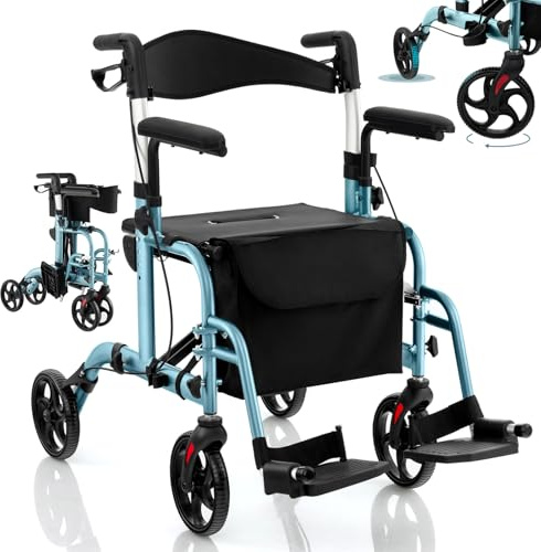 RELAX4LIFE Déambulateur 4 Roues Pliable Léger, Déambulateur Extérieur avec Siège, Accoudoirs, Repose-Pieds, Hauteur 85-96 CM, Frein à Main, Porte-Parapluie, Rollator Pliable pour Adulte (Marine)