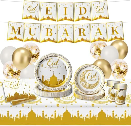 Eid Mubarak Vaisselle Jetable Décoration, 52 Pieces Vaisselle Aid Moubarak 2025, Aid Mubarak Décoration avec Assiette, Serviette, Gobelet, Nappe, Banderole et Ballons