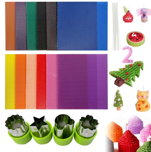 CoolCrafts 12 Hojas de Cera de Abeja de Colores 20x20 cm - Láminas de Cera para Hacer Velas Enrolladas, Manualidades y Hobbies Creativos DIY