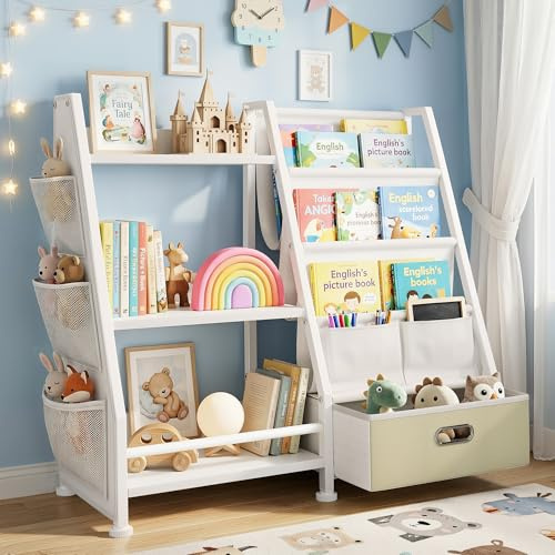 MemoCastle Kinderregal Kinderzimmer Weiß Offenen Aufbewahrungsregal: Kinder Bücherregal mit 3 Offenen Fächer - Spielzeug Regal mit 1 Aufbewahrungsboxen für Spielzimmer