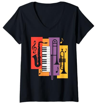 Damen Jazz Instruments Saxophon Klavier Trompete Posaune T-Shirt mit V-Ausschnitt