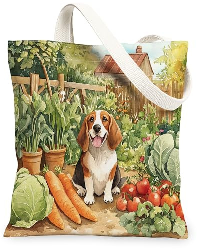 Spring Basset Hound Dog Gardening Canvas Tote Bag for Shopping 13x15, Puppy Farmhouse Country Reusable Grocery Print Pattern Bag for Women, Planting Aesthetic Painting Gift Decor