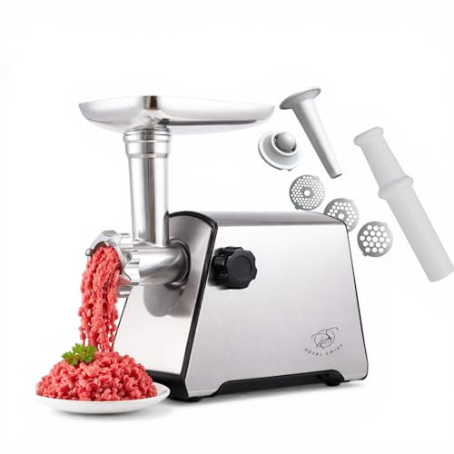 Royal Swiss® Tritacarne elettrico 1800 W – Funzione inversa anti-blocco – 3 griglie in acciaio inox (sottile/medio/grande) – Motore in rame potente – Macchina per carni professionale cucina casalinga