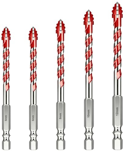 5 Pcs Eccentric Drill Bit, Masonry Drill Bits Set, Professional Tungsten Carbide Drill Bit Set with Plastic Case for Concrete Brick Porcelain Glass Wood Metal, 1/4 Inch Hex Shank (6,6,8,10,12mm)