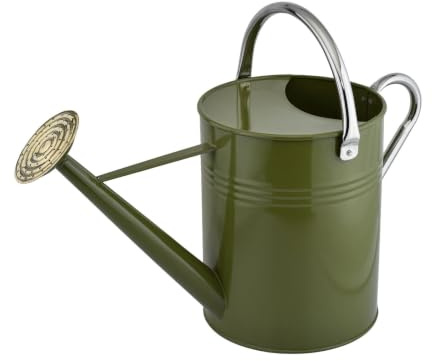 OptiProducts Garden Watering Can 9L / 2 Gallon – Dark Green Galvanised Metal Steel Watering Can with Brass Rose, Adjustable Carry Handle & Removable Sprinkler Head