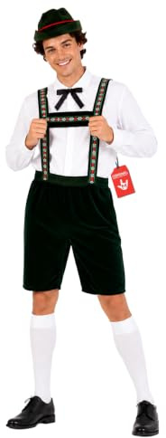 Morph Tyrolsk manlig kostym, tysk halloweenkostym för män | Lederhosen byxor med hängslen, skjorta med fluga och grön hatt, perfekt för halloween, perfekt för maskeraddräkter