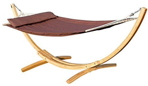 ALEOS. 320cm Hängemattengestell Limited Edition Blanca-LIM-BRAUN Hängematte mit Gestell aus Holz Lärche Natur mit Stabhängematte braun gefüttert und Polster Schrauben aus Edelstahl