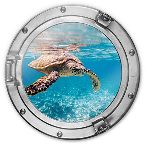 ESG Glasbild Meer Schildkröte Wandbild Glas Unterwasser Wanddeko modern 3D-Bullauge rund 50x50cm