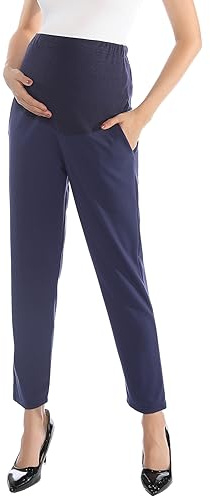 Gravidbyxor, hög midja över magen, med fickor, bekväma finbyxor för gravida, stretchiga sommarbyxor, för kontor, Marinblått Xsp, 36-38
