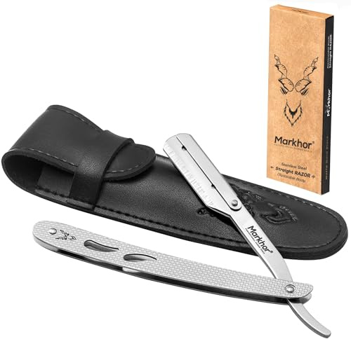 MARKHOR® Silver- Cut Throat Razor Kit – Mens Straight Razor, Barber-Grade Cutthroat Razor, Professional Straight Edge Beard Razor for a Clean & Precise Shave (Silver)