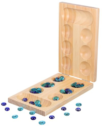 TOYANDONA Mancala Board Game Toy Set: Marble Game with Wood Board Color Glass Stones Storage Bag Hardwood Folding Game Board for the Whole Family